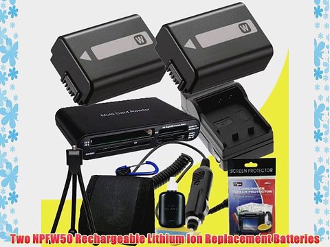 Two NPFW50 Lithium Ion Replacement Battery w/Charger Memory Card Reader/Wallet Deluxe Starter