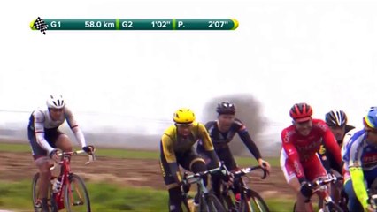 Geraint Thomas déséquilibré par une rafale de vent sur Gand-Wevelgem