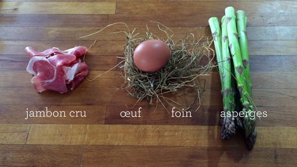 Asperges, Crème de foin, Oeuf 70°, Tuile de Jambon Cru.