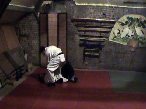 Sol contre debout latéral aux mains : shime, jambes inversées + hiza geri