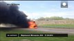 Burning school bus narrowly misses fire truck on US highway - no comment