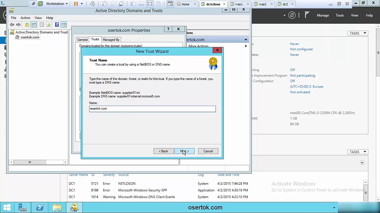 Creating trust with two domain on server 2012 R2
