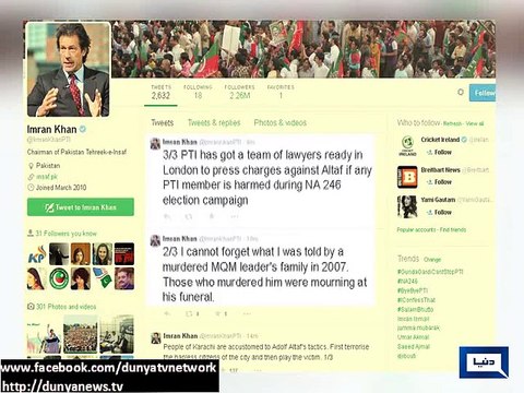 Dunya News-If any worker harmed in elections, we will file case against Altaf Hussain in London: Imran Khan