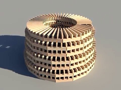 KEVA planks round tower build and destroy using Bullet Physics Engine