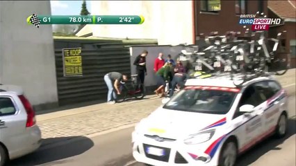 Hits By Neutral Car , FDJ car hits Sébastien Chavanel - Ronde van Vlaanderen 2015 HD (1)