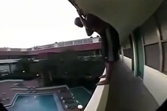 OMG !! Guy Jumps into Swimming Pool from a Hotel Balcony - Luckily Survived