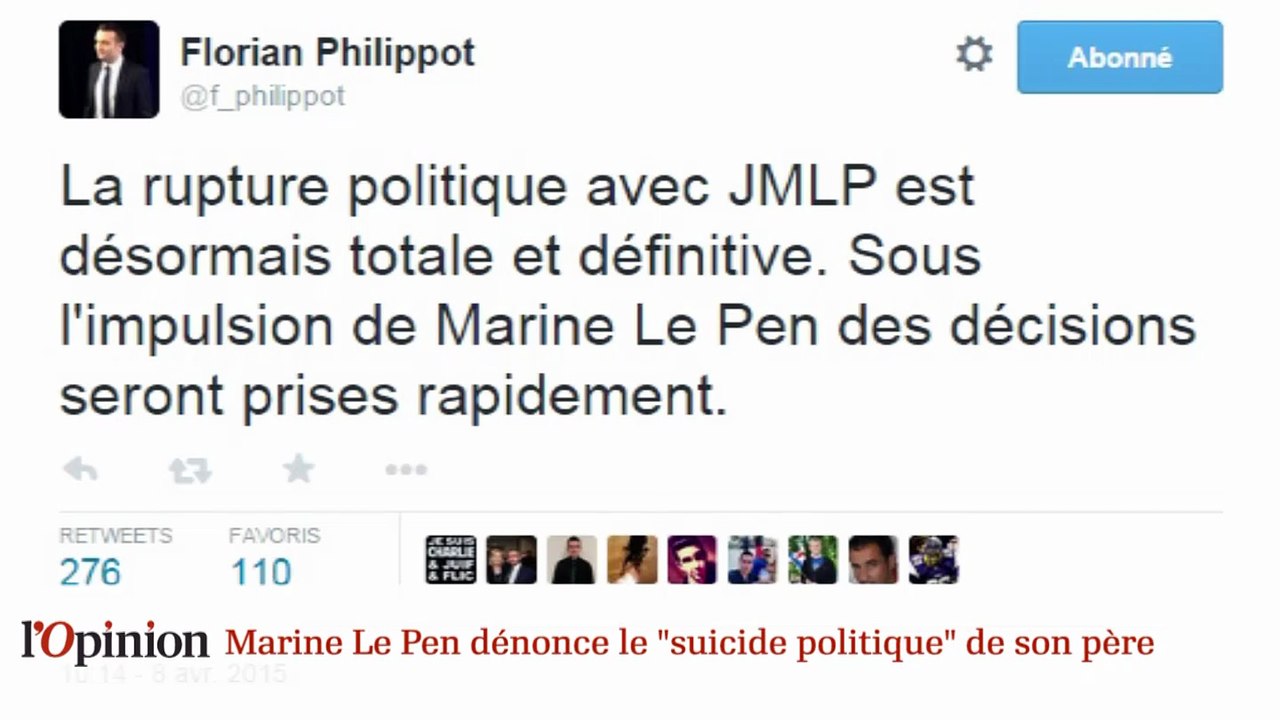 Marine Le Pen dénonce le "suicide politique" de son père