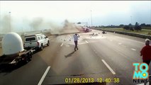 داش كام فيديو يظهر سائق شاحنة يقوم بعمل بطولي على الطريق السريع