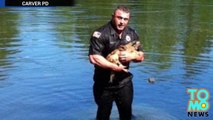 شرطي من بوسطن ينقذ كلباً عالقا تحت الماء