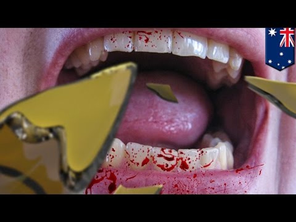 Stupid drunk people: Pissed Aussie bloke chews and swallows glass beer bottle