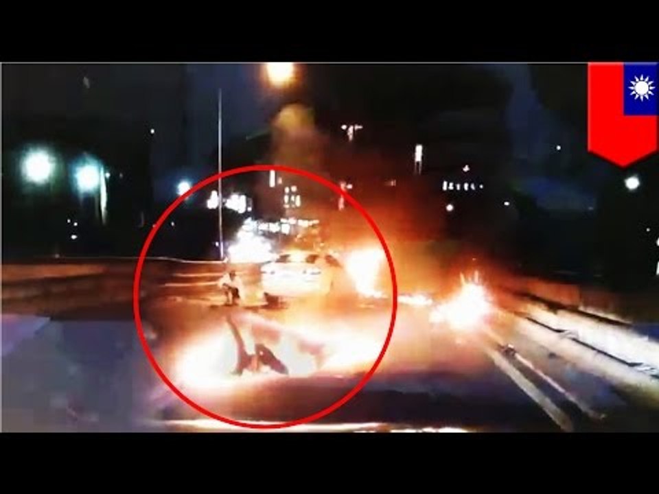 Dashcam crash: Lexus hits scooter, scooter explodes and sets fire to rider, Lexus drives off
