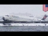 Plane crash landing: Delta flight skids off runway during snowstorm at LaGuardia