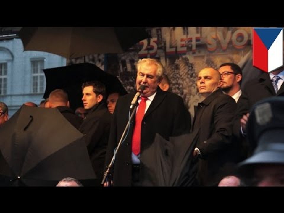 Czech president pelted with eggs by protesters at Velvet Revolution 25th anniversary celebrations