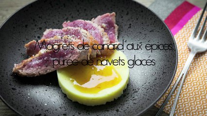 Magrets de canard aux épices, purée de navets glacés