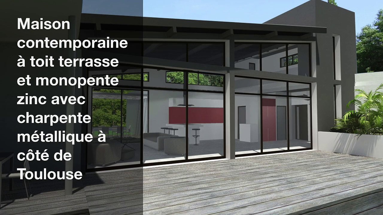 Maison contemporaine à toit terrasse et monopente zinc à charpente métallique à côté de Toulouse