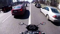 Des motards aident un chien sur une route