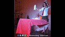 Girl dances like a robot having breakfast