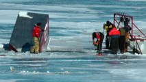 Ice Fishing Vehicle Recovery Time lapse of work retrieve a fishing ice house & trailer Lake Okoboji,