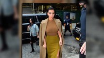 Kim Kardashian en tons beige et vert à New York