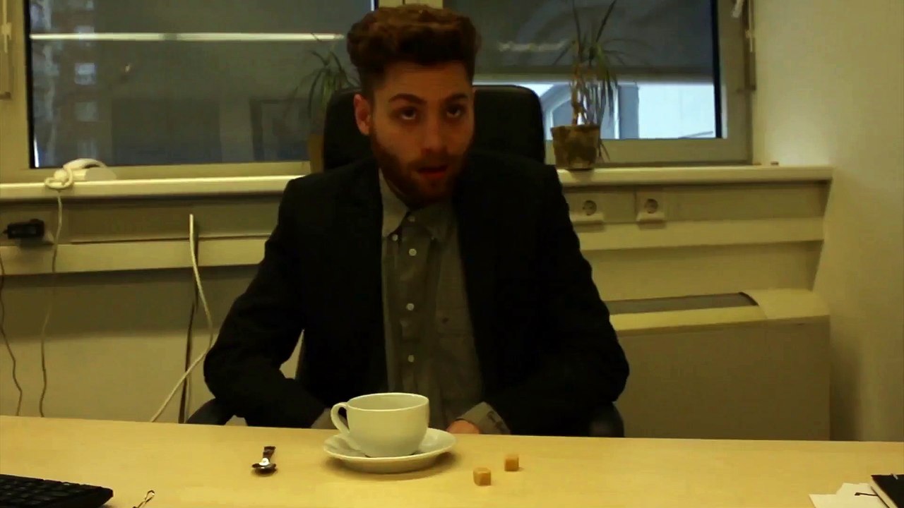 Funny office guy does bouncing spoon and sugar trick