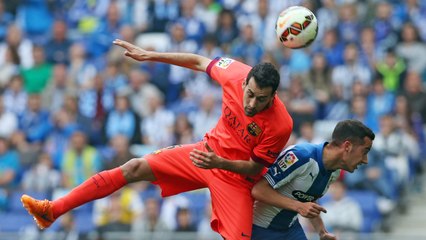 Sergio Busquets and Rafinha react to Catalan derby victory