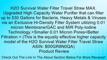 H2O Survival Water Filter Travel Straw MAX. Upgraded High Capacity Water Purifier that can filter up to 530 Gallons for Bacteria, Heavy Metals & Viruses via an Exclusive Hi-Density Filter System utilizing 0.01 micron Membrane/GAC and MIR Poly-Iodine Techn