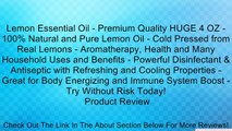 Lemon Essential Oil - Premium Quality HUGE 4 OZ - 100% Natural and Pure Lemon Oil - Cold Pressed from Real Lemons - Aromatherapy, Health and Many Household Uses and Benefits - Powerful Disinfectant & Antiseptic with Refreshing and Cooling Properties - Gre