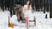 Russian Models Pose Next To Brown Bear