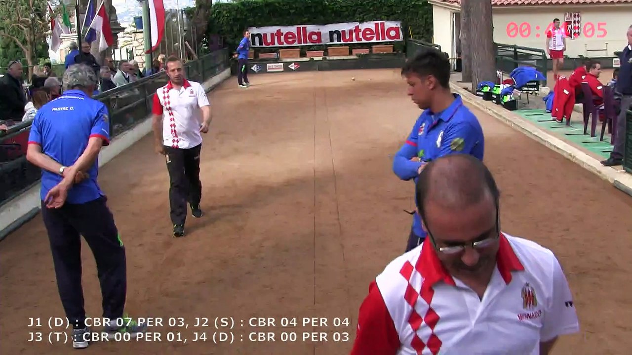 Sixième mène, Peyret (CB Rocher) vs Manolino (La Perosina), Coupe d'Europe, Sport Boules, Monaco 2015