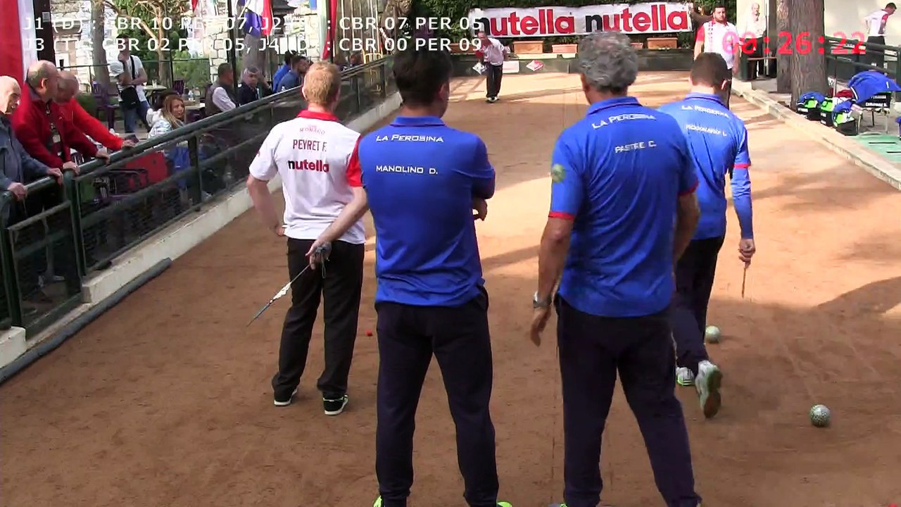 Huitième mène, Peyret (CB Rocher) vs Manolino (La Perosina), Coupe d'Europe, Sport Boules, Monaco 2015