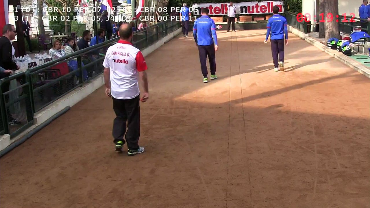 Neuvième mène, Peyret (CB Rocher) vs Manolino (La Perosina), Coupe d'Europe, Sport Boules, Monaco 2015