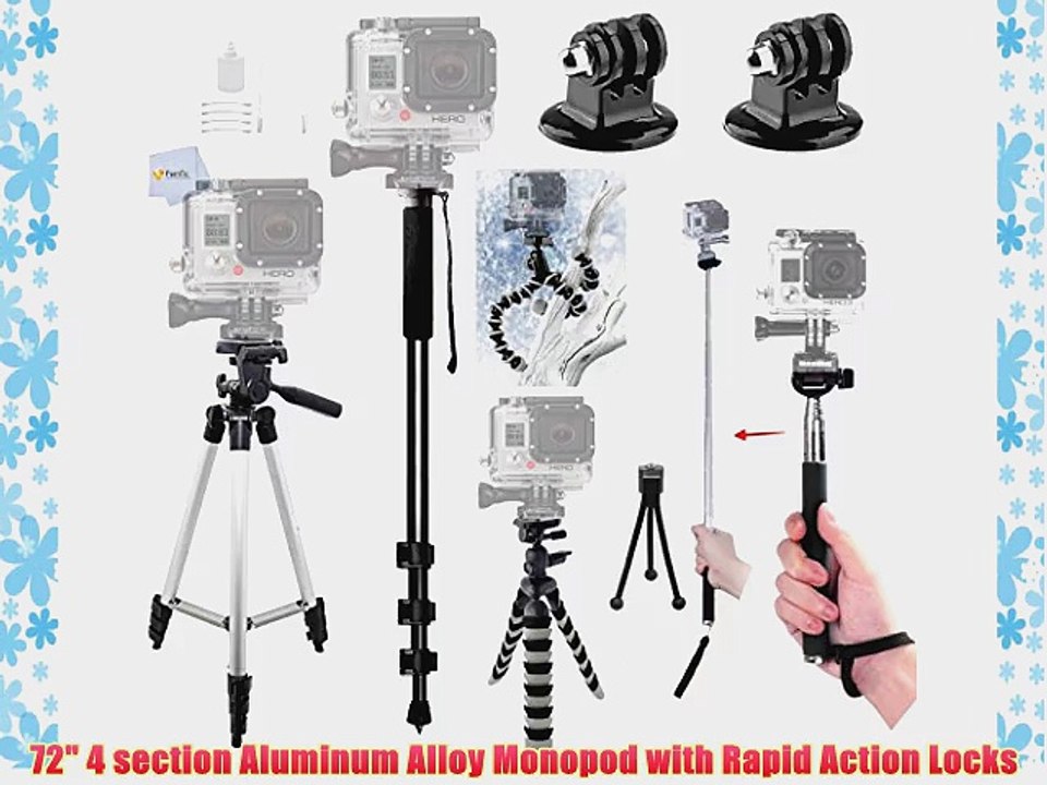 All in One Complete Tripod Kit for the GoPro Hero Hero2 Hero3 Hero3   Hero4 Cameras. Includes: