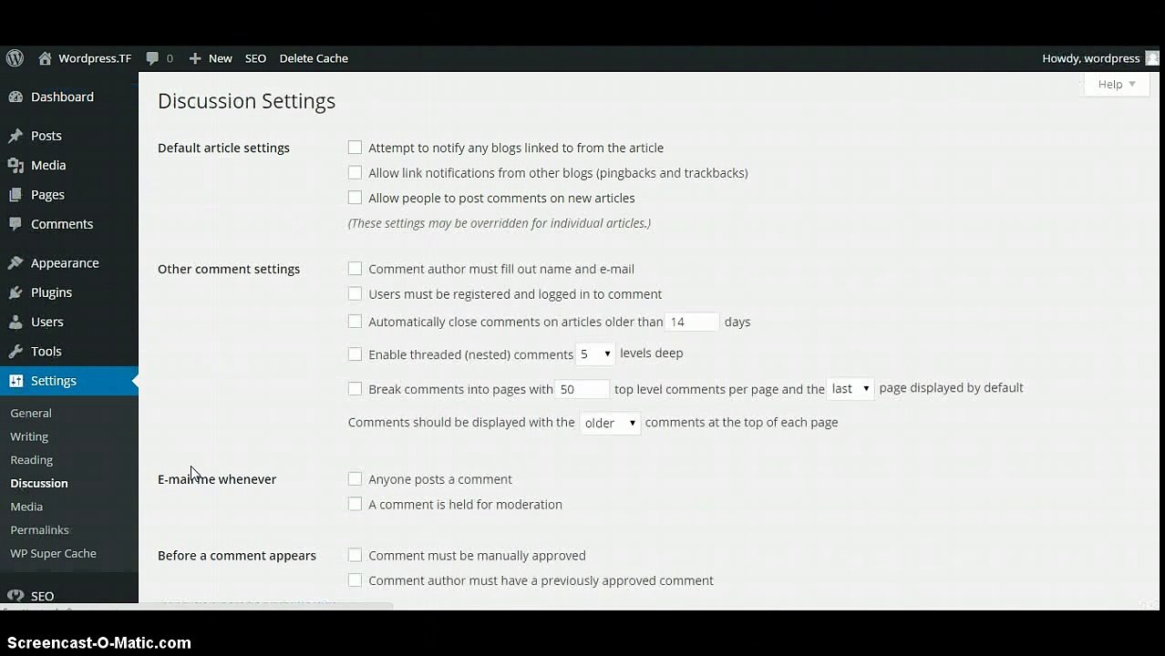Basic comment setup on wordpress