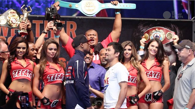 Mayweather and Pacquiao weigh in at star-studded event