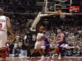 MICHAEL JORDAN ACROBATIC SHOT DURING 1997 NBA FINALS CHICAGO BULLS VS UTAH JAZZ