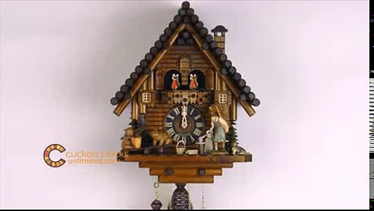 8 Day Black Forest Cuckoo Clock with Dancers Log Cabin and Bears on Seesaw 16 Inches Tall