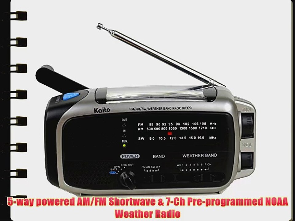 Kaito KA370 Voyager Solar/Crank AM/FM/SW NOAA Weather Radio with 5-LED flashlight Black