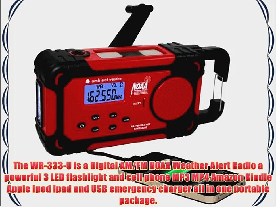 Ambient Weather WR-333-U Emergency Solar Hand Crank Weather Alert Radio Flashlight Smart Phone