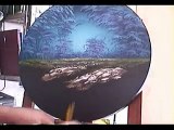 Pintando paisagem em tela redonda
