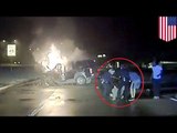 Dos policías rescatan a hombre inconsciente atrapado en un automóvil en llamas