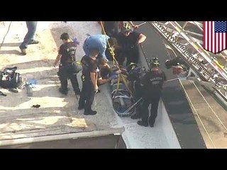 Mężczyzna trafiony piłą tarczową w klatkę piersiową.