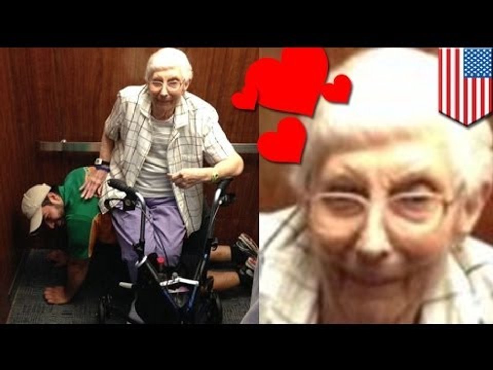 College student helps old lady: Hunk Cesar Larios lets old lady sit on his back