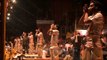 Group of Hindu priests blowing Turbinella pyrum conch during Ganga Aarti puja, Varanasi