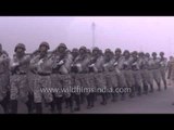 Rehearsal for Republic Day parade on a foggy morning in New Delhi