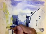Watercolor tutorial lesson village landscape. Painting a sunlit scene.