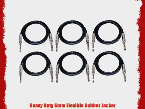 GLS Audio 2ft Patch Cable Cords - 1/4 TS To 1/4 TS Black Cables - 2' Mono Snake Cord - 6 PACK