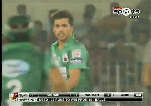 Shoaib Malik out with Muhammad Amir ball Rawalpindi Rams v Sialkot Stallions at Faisalabad, May 13, 2015