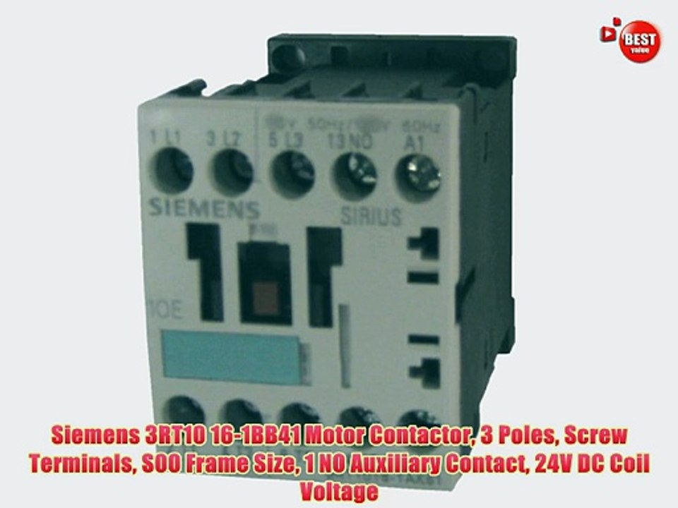 Siemens 3RT10 16-1BB41 Motor Contactor 3 Poles Screw Terminals S00 Frame Size 1 NO Auxiliary