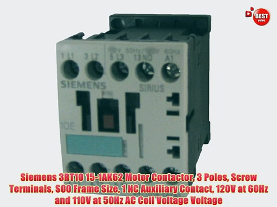Siemens 3RT10 15-1AK62 Motor Contactor 3 Poles Screw Terminals S00 Frame Size 1 NC Auxiliary