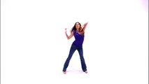 Shot of a dancing girl in a purple shirt on a white background.